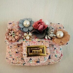 Handcrafted Floral Tweed Crossbody Bag in Pink